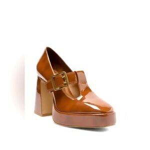 Vince Camuto Caramel Patent Leather Buckle Platform Heels